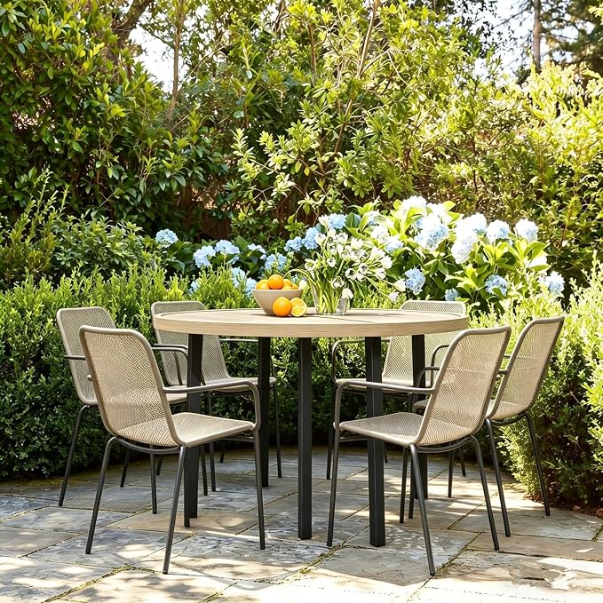 Outdoor Round Dining Table for 6, 47" Large Metal Wrought Iron Metal Table with Umbrella Hole, All Weather Patio Furniture for Deck, Yard, Porch - Honey Oak