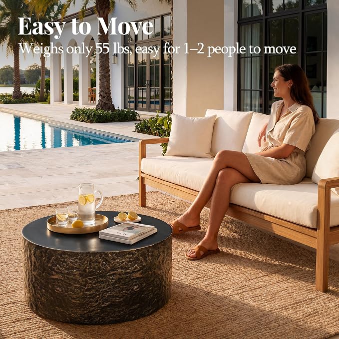 UPHA 28" Round Outdoor Coffee Table, Modern Hollow Concrete Patio Table, Small Minimalist Low Accent Table for Living Room, Balcony, Deck, Backyard, Bronze
