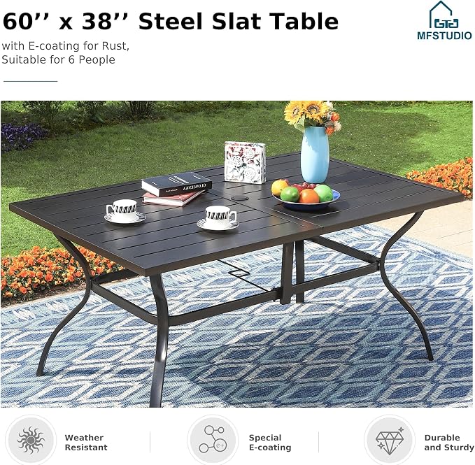 MFSTUDIO Patio Table and Chairs, Outdoor Dining Sets for 6, 7 Pieces Wicker Patio Dining Set with Rectangular Table, Outdoor Metal Dining Furniture with Rattan Chairs