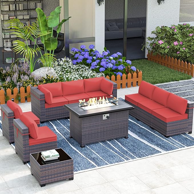 Outdoor Patio Furniture Set with Gas Fire Pit Table, 10 Pieces Outdoor Furniture Set Patio Sectional Sofa w/43in Propane Fire Pit, PE Wicker Rattan Patio Conversation Sets -Red.