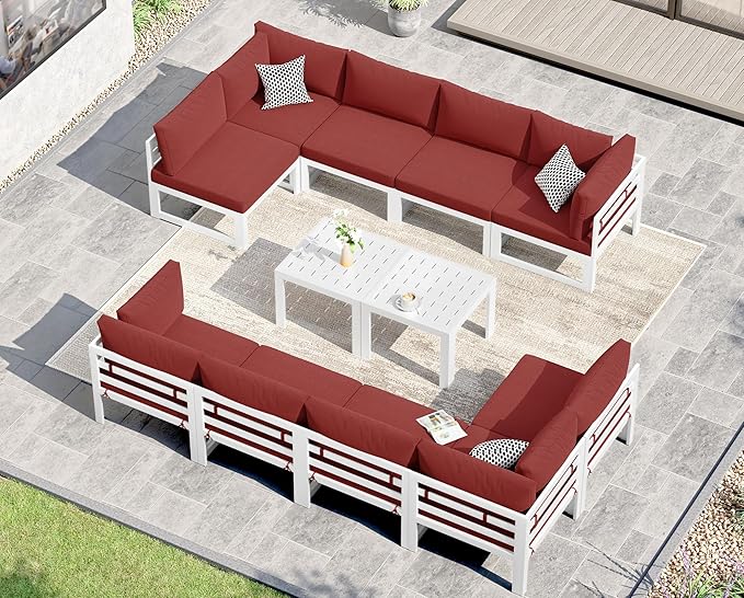 NICESOUL 12 Pcs Large Modern Aluminum Patio Furniture Set, L Shaped All Weather Modular Sectional Sofa with Coffee Table, 500 lbs Heavy Duty Comfortable Outdoor Couch for Poolside Backyard, Burgundy