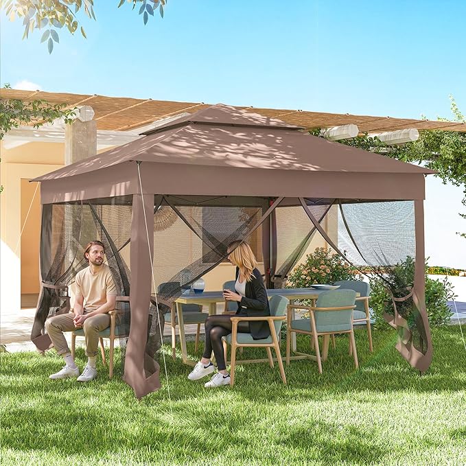 Outsunny 11' x 11' Pop Up Canopy, Outdoor Patio Gazebo Shelter with Removable Zipper Netting, Instant Event Tent w/ 114 Square Feet of Shade and Carry Bag for Backyard, Garden, Brown