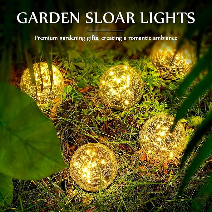 Honoson 3.9 Inch Solar Globe Lights Outdoor - Waterproof Cracked Glass Balls for Lawn Patio Yard Backyard Decorations, Warm White Solar LED Lights with Easy Installation,Durable Design (8 Pcs)
