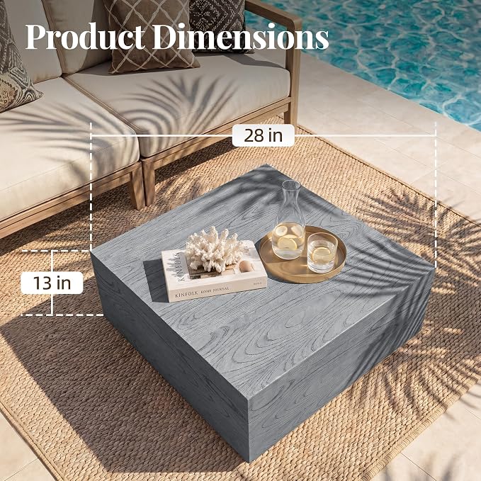 UPHA 28" Square Outdoor Coffee Table, Modern Hollow Concrete Patio Table, Small Minimalist Low Accent Table for Living Room, Balcony, Deck, Backyard, Gray Wood Finish