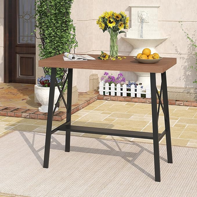 DIFY 40.5” Outdoor Bar Table, Patio Bar Height Pub Table, Long Narrow Bar Table with Sturdy Metal Frame for Bistro, Balcony and Garden, Walnut