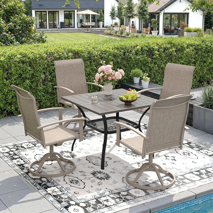 DIFY Outdoor Dining Table, Patio Square Metal Dining Table with 1.57" Umbrella Hole for 4 Person, Ideal for Poolside, Deck, Garden and Balcony, Grey Wood-Like