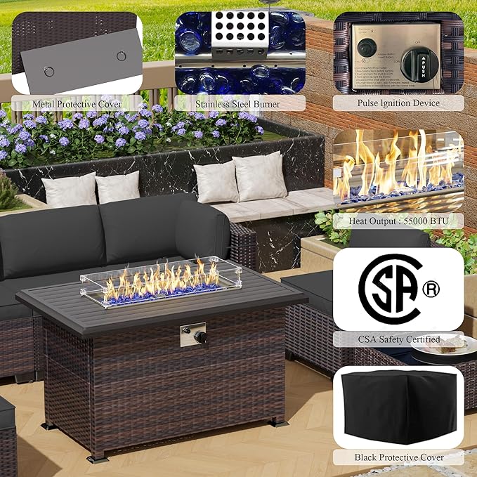 10 Pieces Outdoor Patio Furniture Set,Outdoor Sectional Furniture with 43" 55000 BTU Gas Propane Fire Pit Table,All Weather PE Rattan Wicker Patio Conversation Set,Grey