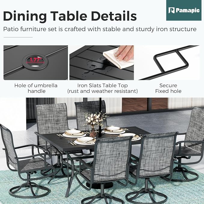 7-Piece Outdoor Dining Set, Patio Furniture Set with Textilene Swivel Chairs, Outdoor Table & 6 Chairs for Garden, Backyard, Poolside, Deck, Charcoal