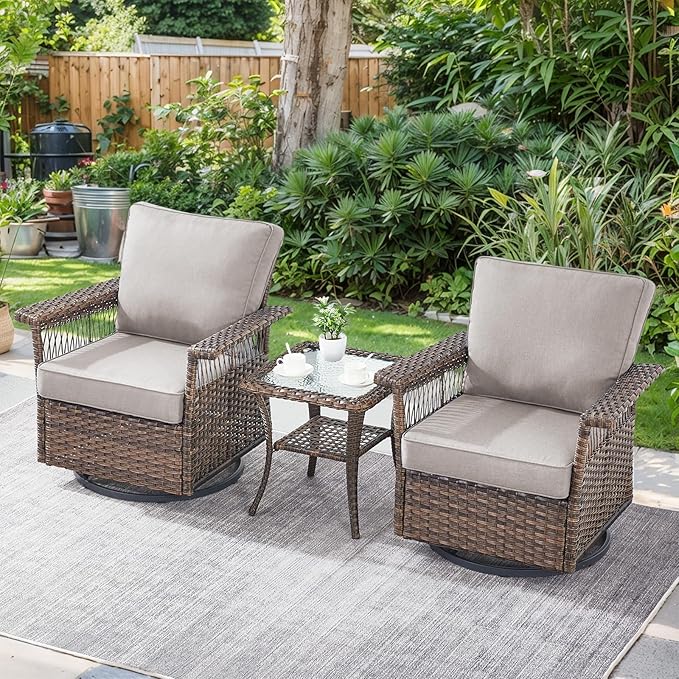 Patio Conversation Set 2 Wicker Swivel Glider Chairs with PE Rattan Side Table Set 3pcs Brown Wicker Patio Furniture with Grey Cushions Set for Garden Balcony Backyard Poolside