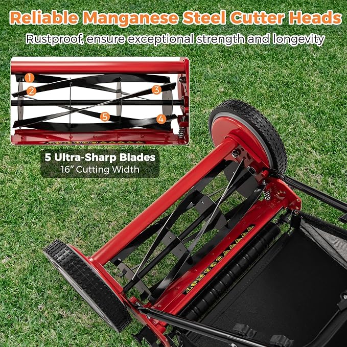 16" Manual Rear Mower, Push Lawn Mower with 5 Steel Blades, Adjustable Cutting Heights & Grass Catcher Bag, Walk-Behind Grass Cutter Lawn Sweeper for Garden, Park & Yard (Red)
