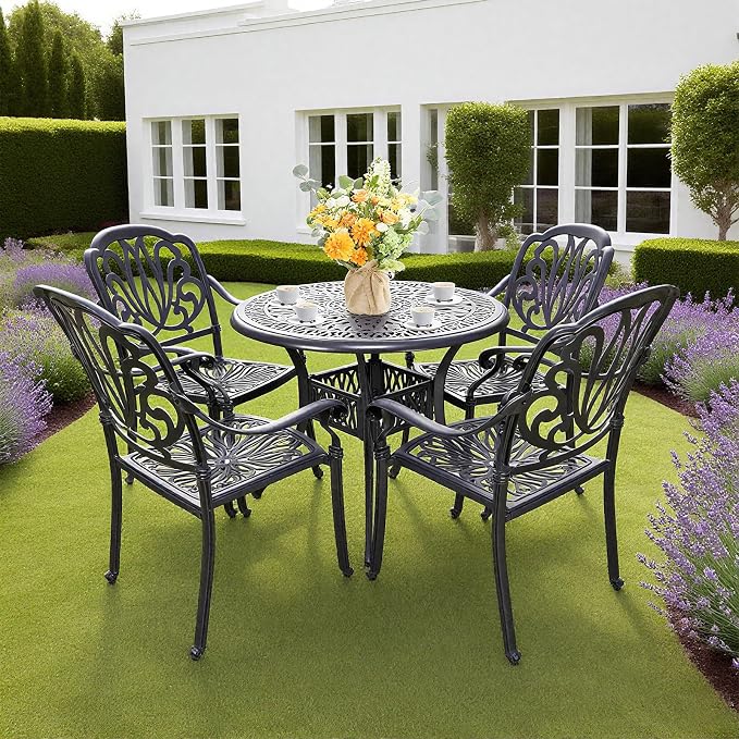 5 Piece Cast Aluminum Patio Dining Set, All Weather Outdoor Dining Furniture Set Includes 4 Chairs and 1 Round Table with Umbrella Hole for Garden,Deck, Balcony,Backyard, Black