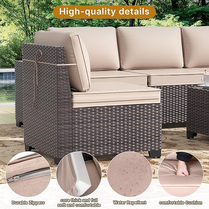 Gotland 9 Pieces Patio Furniture Set, 7-Seater Patio Furniture in 4 Combinations with Wide Armrests 29.5'' High Backrest, 2 Swivel Rocking Chairs 1 Coffee Table, for Deck Garden Pool Party Khaki