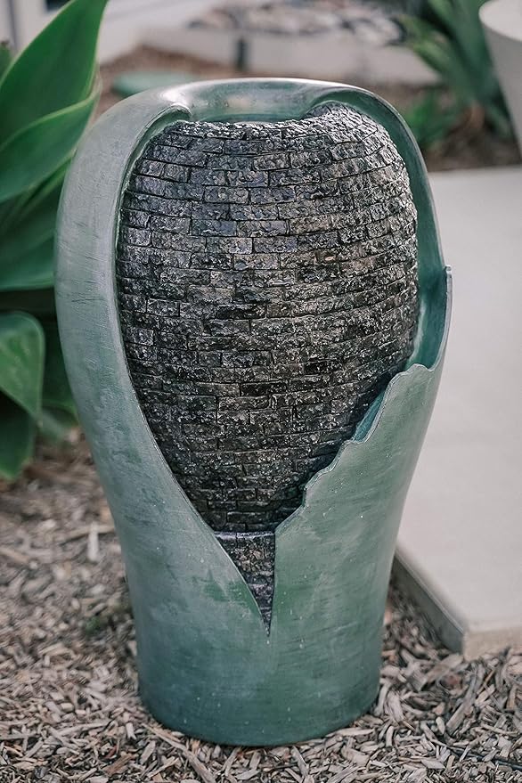 XBrand 25" Inch Tall Modern Round Broken Egg Shell Jar Waterfall Fountain with LED Lights and Auto Shut Off Pump, Home and Garden Décor, Patio, Deck, Backyard, Indoor/Outdoor Décor, Turquoise