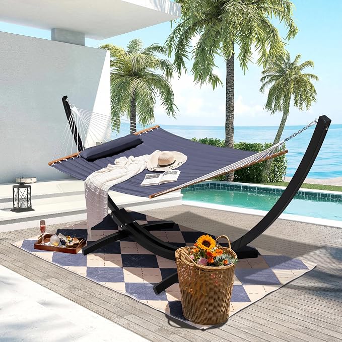 Lazy Daze Hammocks Outside Quilted Hammock with 13 FT Curved Steel Heavy Duty Stand and Pillow for Outdoor, Backyard, Patio, 450 Lbs Capacity, Grey