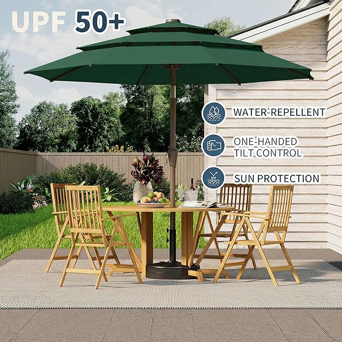 10FT Patio Umbrella 3 Tiers Outdoor Market Umbrella w/Push Button Tilt, Crank, UV and Waterproof Table Umbrella for Garden, Pool, Backyard, Deck, Lawn, Forest Green