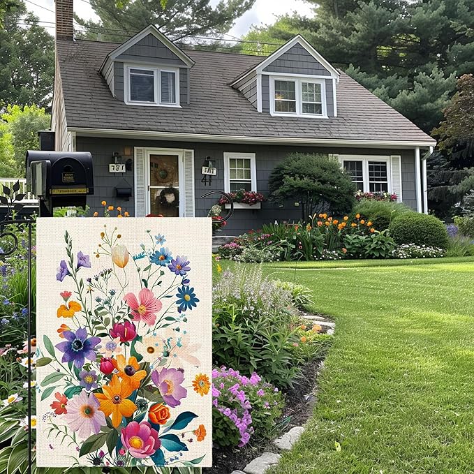 Spring Summer Garden Flag 12x18 Double Sided, Floral Welcome Yard Decor, Farmhouse Outdoor Flag for Lawn Patio Porch