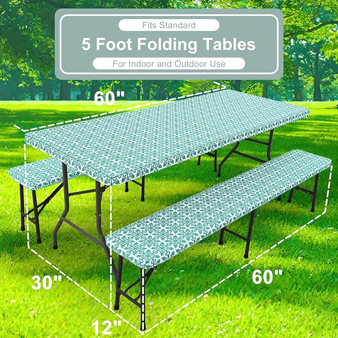 misaya Picnic Table Cover with Bench Cover, Waterproof Elastic Fitted Tablecloth for 5 Foot Tables, Rectangle Washable Polyester Tablecloths for Picnic, Camping, Outdoor (Teal, 30" x 60")