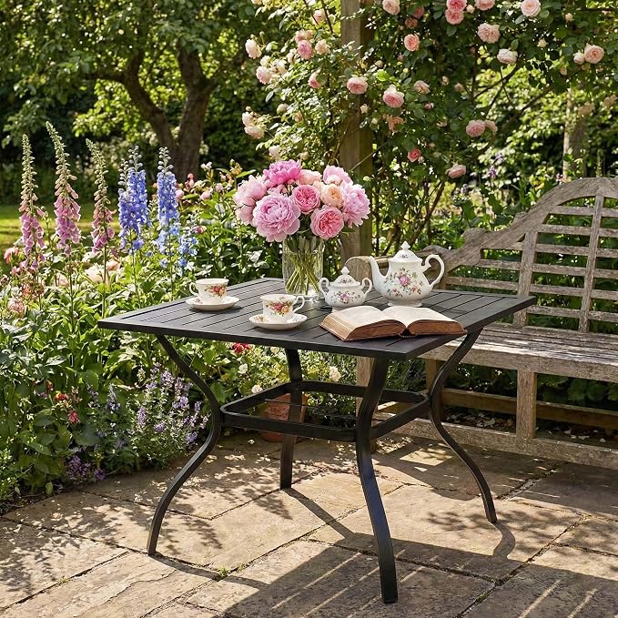 Square Metal Steel Slat Patio Dining Table for 4 Persons, Outdoor Bistro Table with Umbrella Hole, Rust-Resistant Finish for Backyard Garden