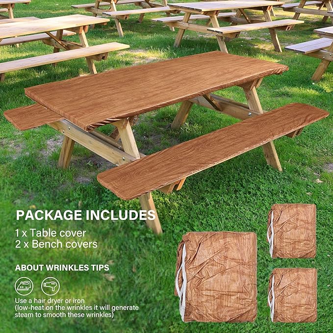 BBTO Vinyl Picnic Table and Bench Set 72" x 30" Waterproof Elastic Table Cover Flannel Backed Rectangular Fitted Cover
