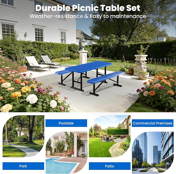 6FT Outdoor Metal Picnic Table with 2 Benches,Heavy Duty Rectangular Picnic Table Set for Outside, Waterproof Commercial Restaurant Table Furniture for Park, Campfield, Patio, Garden, Yard