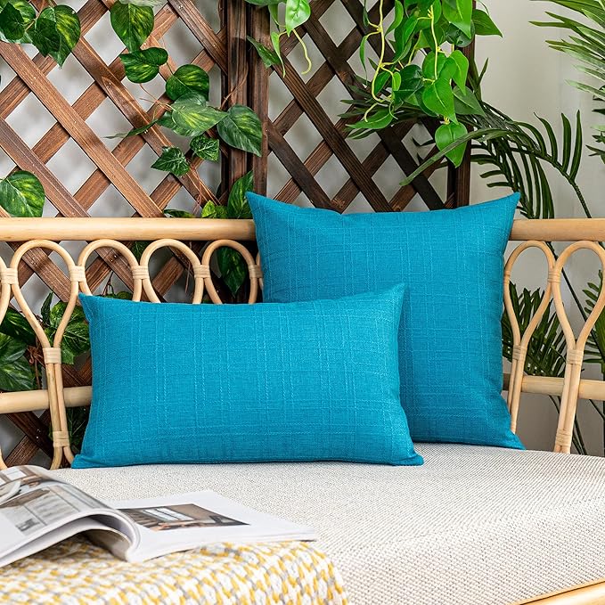 Kevin Textile Outdoor Waterproof 22”x22” Pillow Covers 2 Pack, Peacock Blue | Water Resistant, Soft Faux Linen-cotton Yarn-dyed Woven Texture Throw Pillow Covers for Tent Patio Garden Couch Sofa