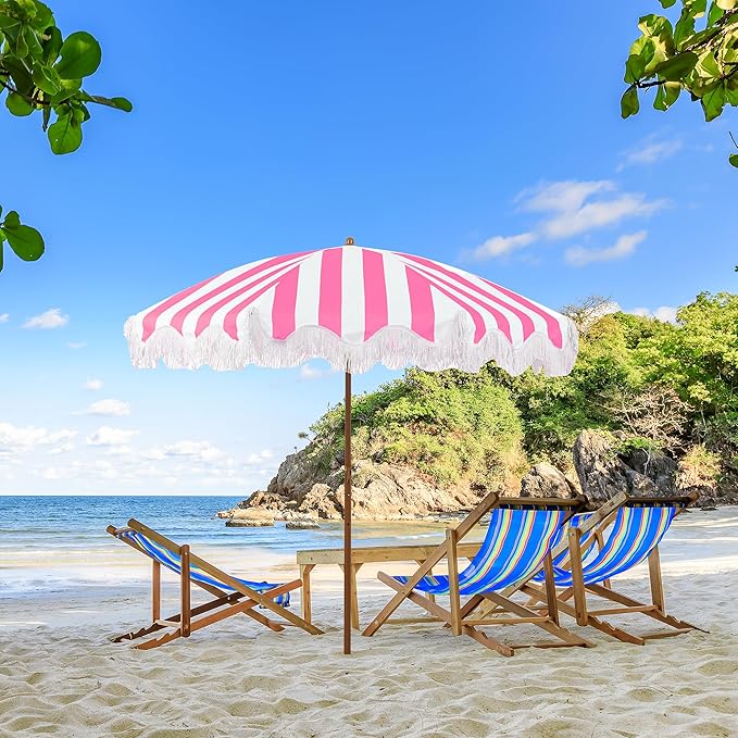 Rayjee 6.5FT Patio Umbrella with Fringe, Portable Boho Beach Umbrella, Tilt & Adjustable Height, 2-Piece Aluminum Pole for Pool, Garden, Deck & Beach