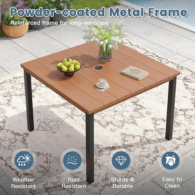 DIFY 5 Piece Outdoor Patio Dining Set for 4, 40.2" Walnut Square Metal Dining Table and Swivel Patio Chairs with Brown Padded Textilene, All-Weather Outdoor Furniture Set for Garden Backyard Porch