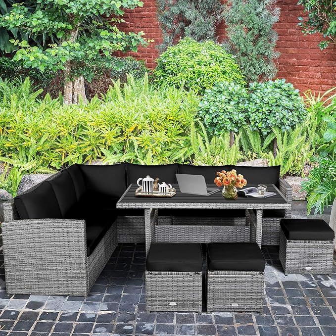 HAPPYGRILL 7 Pieces Rattan Wicker Patio Conversation Set, Outdoor Patio Furniture Set with Cushions, Rattan Sofa Set with Dining Table & Ottomans for Poolside Backyard Balcony Garden (Black)