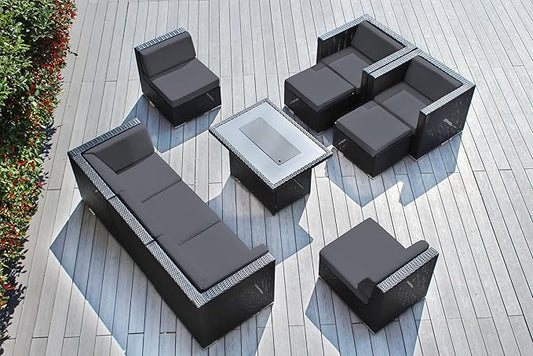 10 Piece Outdoor Patio Furniture Black Wicker Conversation Set with Fully Assembled Sectional and 42-inch Propane Gas Fire Table
