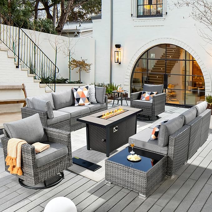 11 Piece Outdoor Patio Furniture Set with 53" Fire Pit Table, Wicker Sectional Conversation Set Whit Swivel Chairs,Modern Outside Sofa for Balcony Backyard(Dark Gray)