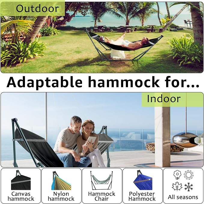 Tranquillo Ultimate Relaxation Portable Hammock Stand with Cotton Canvas Net, Spreader Bar, Quick Fold Unfold in 30 Seconds Steel Frame Hammock 600 lbs Capacity Outdoor, Black