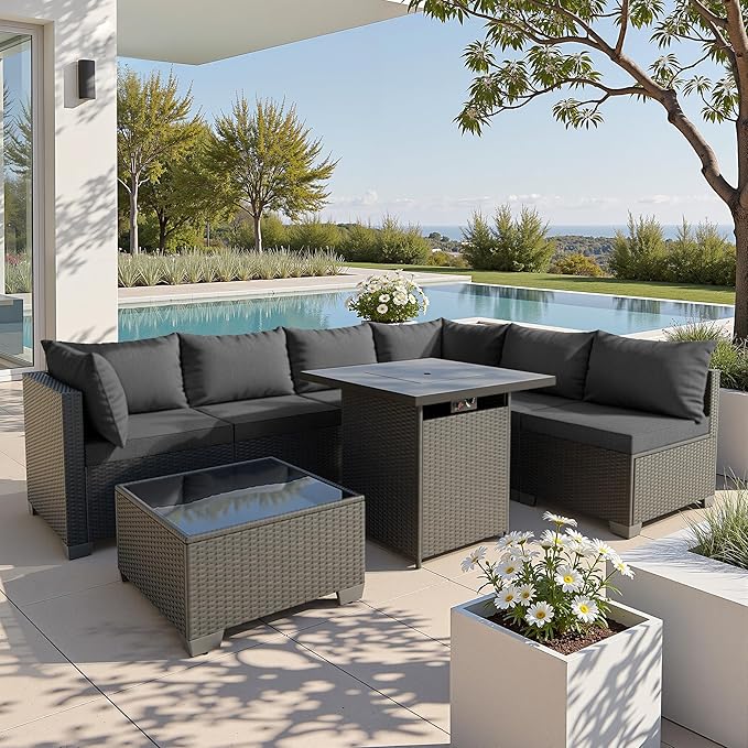 8 Piece Patio Furniture Set with 50000 BTU Fire Pit Table, Wicker Outdoor Patio Conversation Set with Propane Fire Pit, Waterproof Rattan Patio Couch Set for Backyard, Deck & Garden