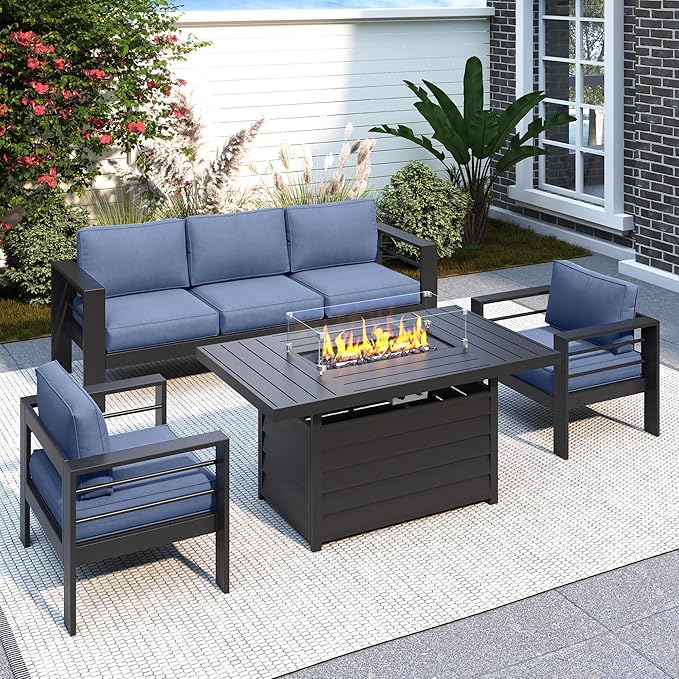 Solaste Aluminum Patio Furniture Set with Fire Pit Table, 4 Piece Metal Outdoor Furniture with Water-Resistant Cushions, Modern Patio Conversation Set for Balcony, Front Porch, and Backyard,Blue