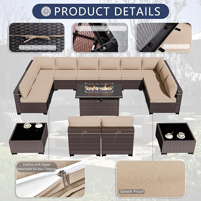 Outdoor Patio Furniture Set with Fire Pit Table, 15 Pieces Outdoor Furniture Set Patio Sectional Sofa w/43in Propane Fire Pit, PE Wicker Rattan Patio Conversation Sets - Brown
