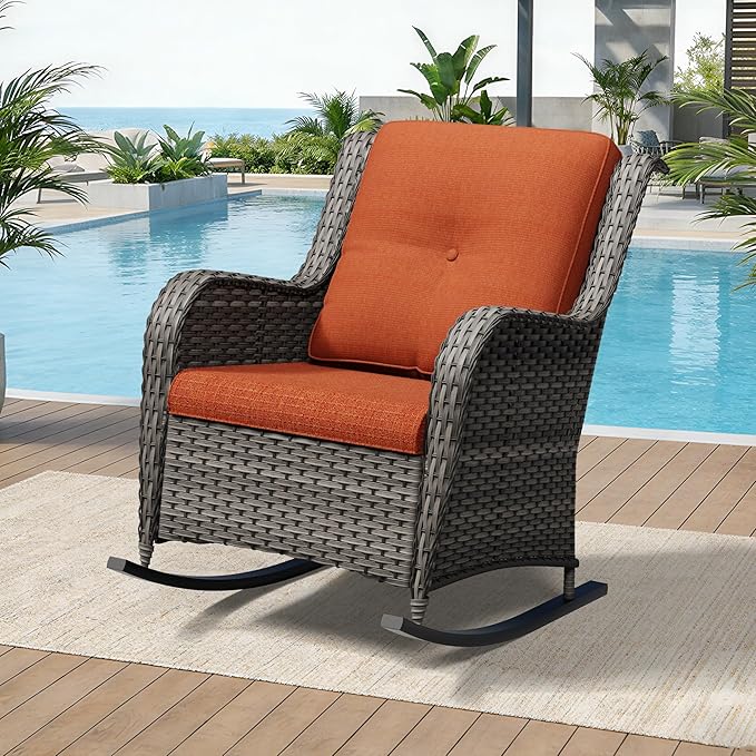 Outdoor Rocking Chair, Wicker Patio Chair with Thickened Olefin Cushions, High Back and Deep Seating, Hand-Woven PE Rattan for Porch, Deck, Balcony, Orange