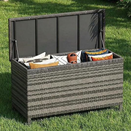 Litake Extra Large 185 Gallon Outdoor PE Rattan Deck Storage Box – Waterproof All-Weather Patio Chest – Heavy-Duty Steel Frame – Organizer for Cushions, Garden Tools, Pool Toys – Gray
