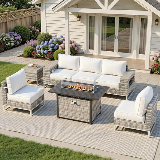 Outdoor Patio Furniture Set 7-Piece PE Rattan Wicker Outdoor Sectional Sofa with 5,000 BTU Fire Pit Table, Modern Modular L-Shaped Conversation Set with Thickened Cushions and Chunky Arms, White