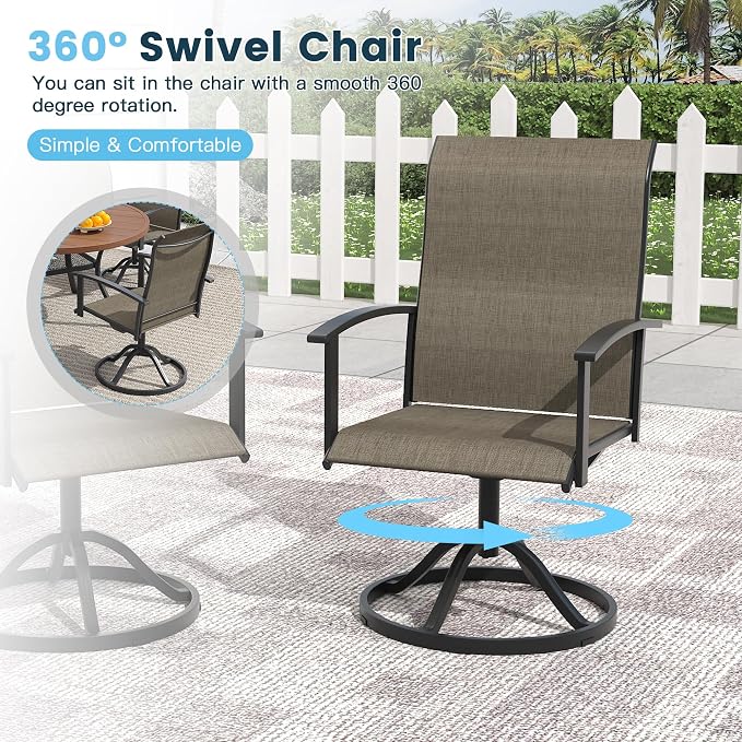 7 Pieces Outdoor Patio Dining Set, 59.2" All Weather Rectangle Metal Table with Umbrella Hole and Storage Shelf, 6 High Back Textilene Swivel Chairs for Garden, Lawn, Black Table&Brown Chairs