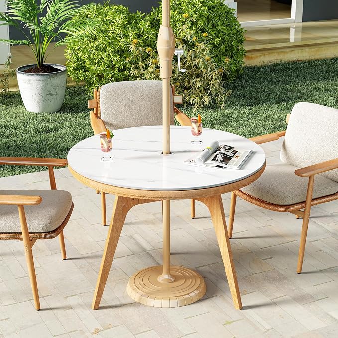 ZL ZELing Outdoor Round Patio Table Top with Umbrella Hole - 39.37 Inch Sintered Stone Dining Table for Outdoor Patio, Weather-Resistant Slate Countertop Replacement for Garden, Deck, Bar