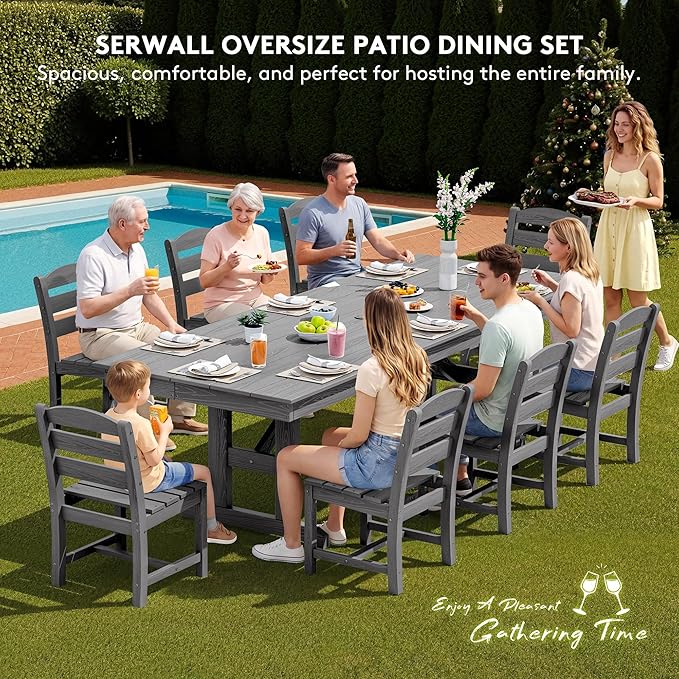 SERWALL Outdoor Armless Dining Chairs Set of 2, All-Weather HDPE Patio Chair with 19.7" Widened Seat, for Backyard, Garden, Gray