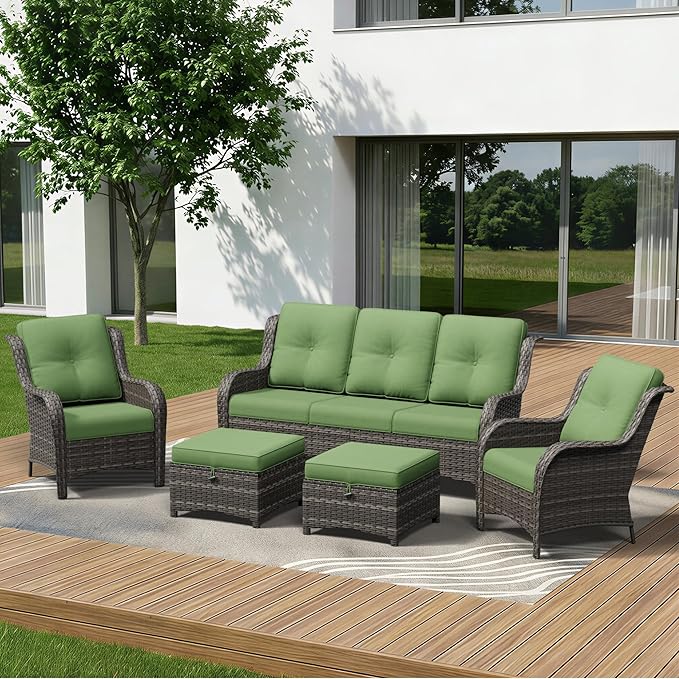 5 Piece Outdoor Wicker Patio Furniture Set, Patio Chairs Set with Thickened Olefin Cushions, High Back and Deep Seating, Hand-Woven PE Rattan, Ottoman for Porch, Deck