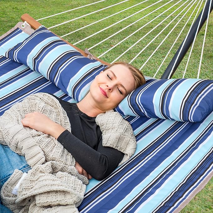 SUNCREAT Hammocks Outdoor Portable Hammock with Stand, 475 lbs Capacity, Heavy Duty Double Hammock with Stand Included, Patent Pending, Blue Stripes