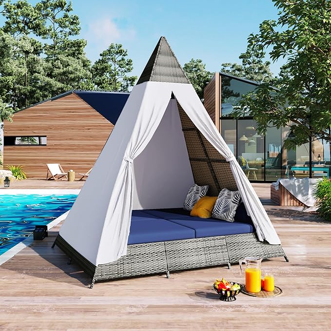 90.5" Outdoor Sunbed with Tent, Rattan Wicker Patio Daybed with Cushions and Colorful Pillows, Tent Shape Daybed, Patio Sunbed for Garden Patio Outdoor Poolside, Gray and Blue