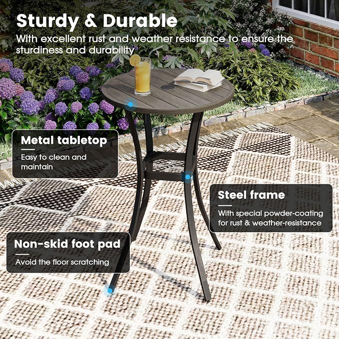 DIFY Patio Bar Height Table, Grey Wood-Like 28" Round Outdoor Pub Table with 1.57" Umbrella Hole for Bistro, Garden, Poolside and Balcony