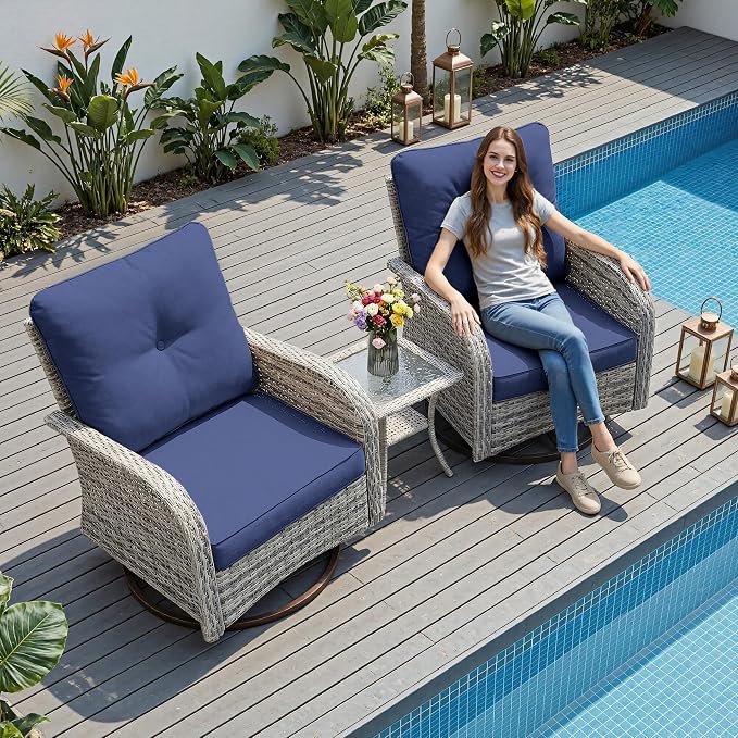 9-Piece Small Patio Furniture Set, Outdoor Swivel Rocking Chairs Set with 55,000 BTU Fire Pit Table Wicker Chairs and Ottomans, Patio Bistro Set for Balcony, Deck, Porch, Navy Blue