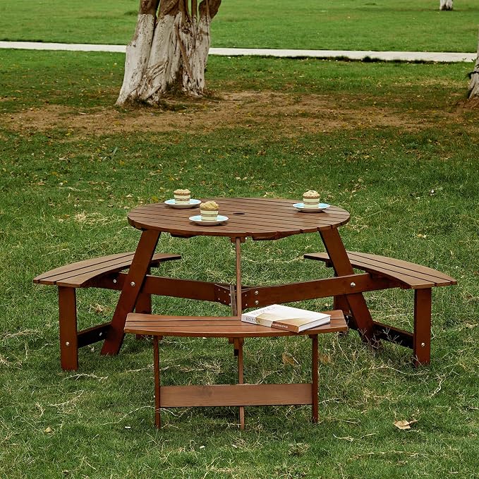 JOYBASE 6-Person Wooden Picnic Table, Outdoor Round Table with Built-in Benches and Umbrella Hole, Picnic Table Bench Set for Patio, Backyard, Garden (Brown)