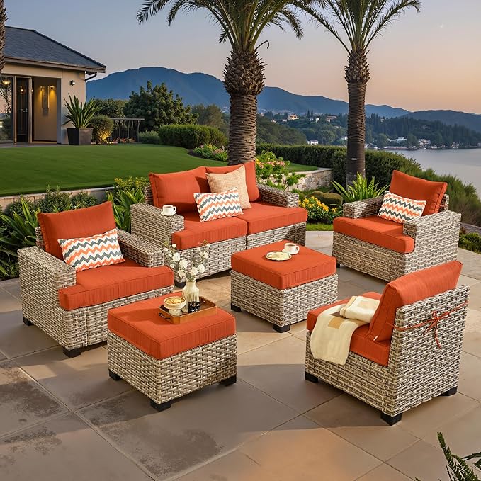 ovios 7 Piece Patio Sectional Furniture, Rattan Wicker Coversation Couch Set, Outdoor Sofa Set for Outside Porch Balcony Backyard Pool,Orange