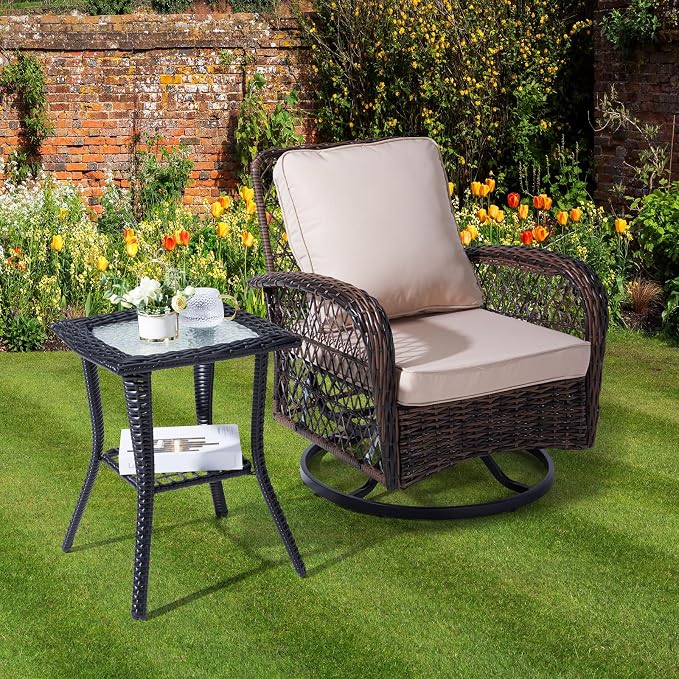 Outdoor Wicker Side Table with Tempered Glass & Lower Storage Shelf, All-Weather Rattan Side Table Wicker Patio Table, for Outdoor Patio, Porch, Garden, Indoor, Black