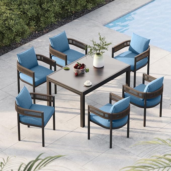 Grand patio 9-Piece Expandable Table Dining Set for 6 to 10, Aluminum Outdoor Dining Table with Glass Tabletop, Metal Woven Wicker Fixed Patio Chairs with Cushions for Yard, Poolside, Deck (Brown)