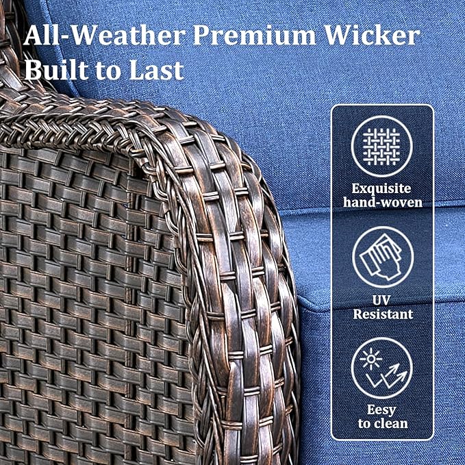 71'' Patio Couch Outdoor Wicker Sofa, Heavy Duty All-Weather Rattan 3-Seater Sofa with Deep Seating and Removable Cover, Outdoor Patio Furniture for Deck Porch Sunroom Backyard Brown/Blue